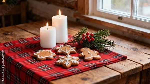 Fototapeta Christmas Window Sill Arrangement Candle Cookie Pine Branch Festive Atmosphere Elements