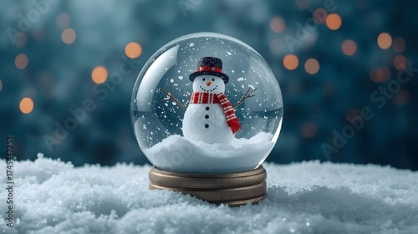 Fototapeta Winters charm captured A pristine snowman stands within a sparkling glass snow globe display.
