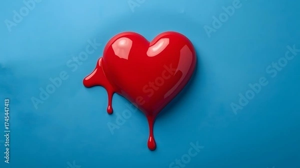 Fototapeta A striking image of a vibrant red heart, seemingly melting against a cool, solid blue background, soft light.