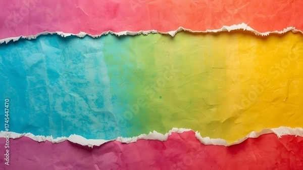 Fototapeta Vibrant hues blend in a dynamic burst of color, paper texture torn, showcasing rainbow shades beneath.