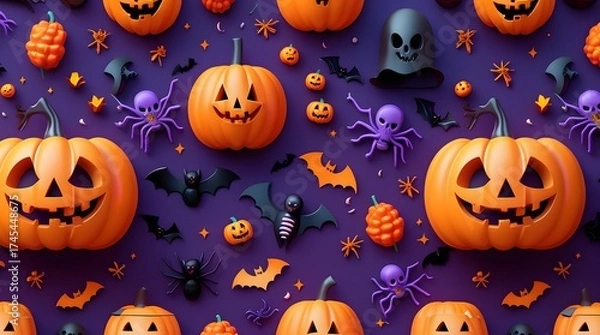 Fototapeta Spooky halloween pattern with pumpkins spiders bats and ghosts on purple background
