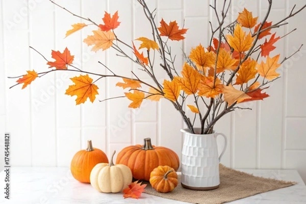 Obraz Autumn branches with orange leaves in vase and pumpkins on white background