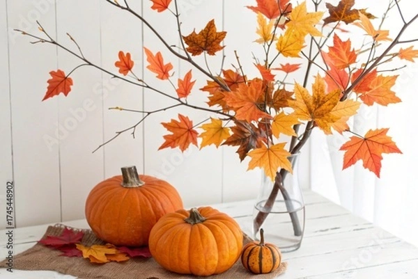 Obraz Autumn branches with orange leaves in vase and pumpkins on white background