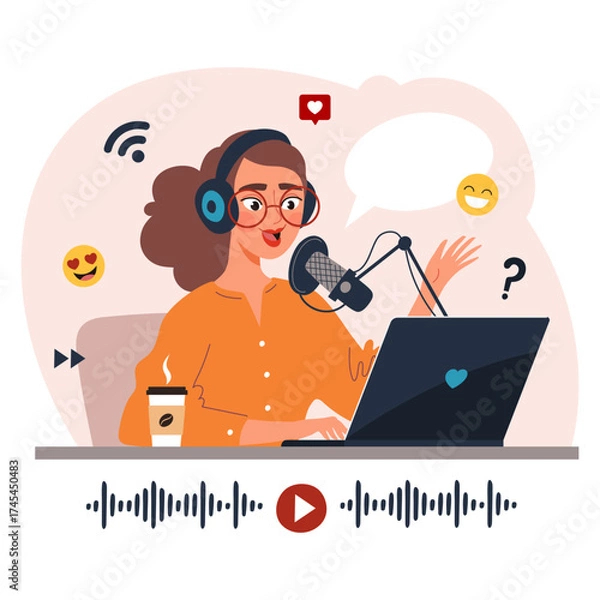 Fototapeta Young female blogger or online content creator recording a podcast. Audio streaming and digital broadcasting concept. Flat vector illustration