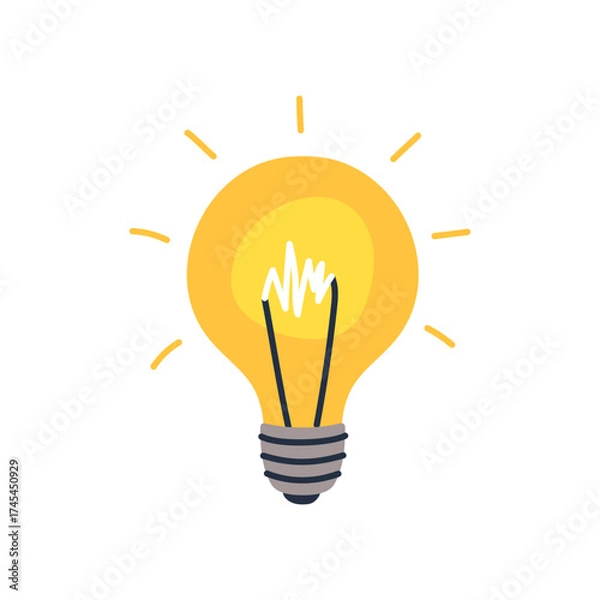 Fototapeta Glowing yellow light bulb. Symbol of idea, creativity, innovation, and inspiration. Perfect for web, apps, and presentations. Flat vector illustration