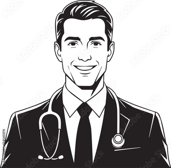 Fototapeta Charismatic doctor portrait with stethoscope confident smile and professional attire in sketchy artistic style
