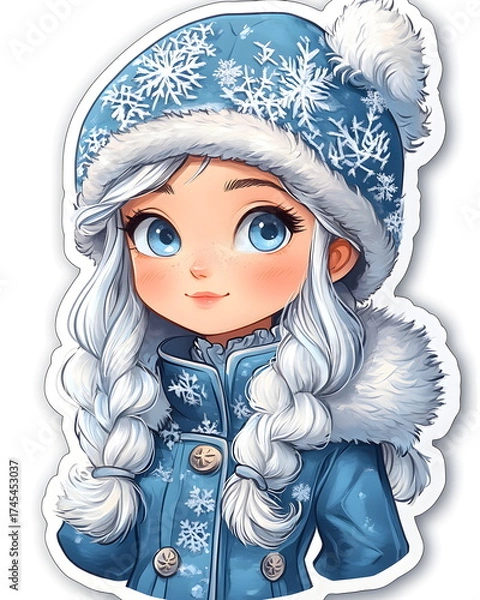 Fototapeta A sticker of Snegurochka, the Snow Maiden, in a blue winter coat with fur trim and kokoshnik. Playful whimsical style with soft icy tones, flat colors, clean outline, bold lines, and white border.
