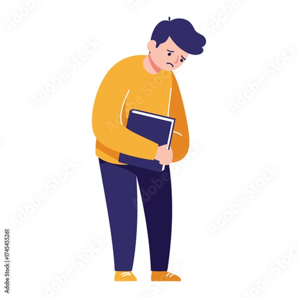 Fototapeta Young man with dark hair wearing a yellow sweater and blue pants clutches a book to his chest with a worried expression