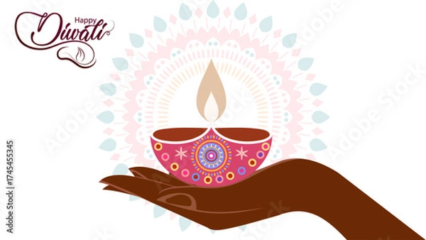 Obraz Diwali Festival Celebration Background with Hand Holding Glowing Colorful Diya, Intricate Mandala Pattern, Vibrant Indian Holiday Artwork, and Elegant Festival of Lights Design