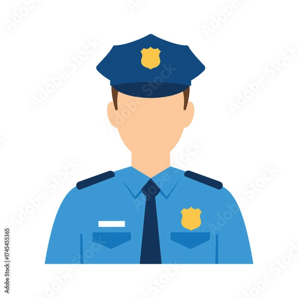 Fototapeta Illustration of a male police officer in uniform with a blue cap and badge representing law enforcement and public safety