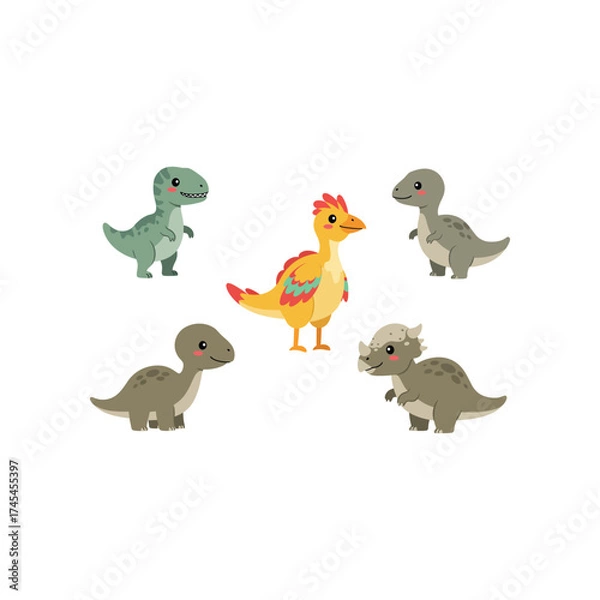 Fototapeta Adorable cartoon dinosaurs with big eyes and friendly expressions in a playful arrangement on a white background