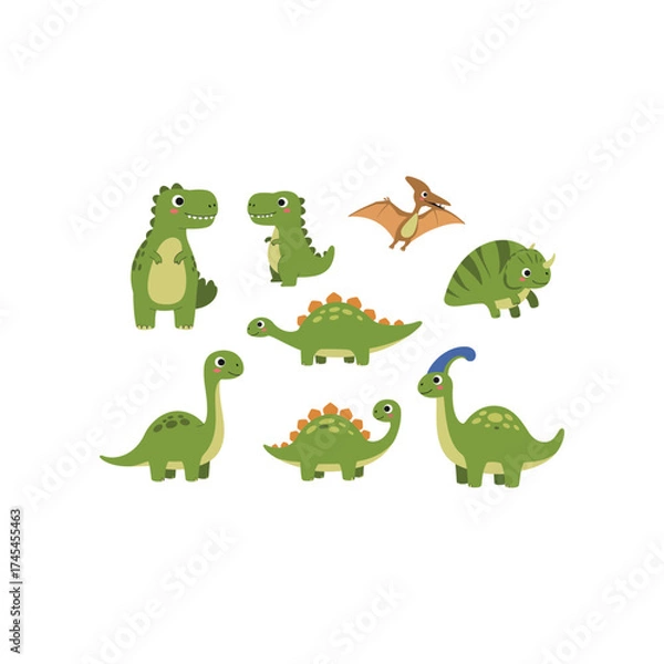 Fototapeta Collection of cute cartoon dinosaurs in various poses and species including tyrannosaurus rex triceratops and pterodactyl