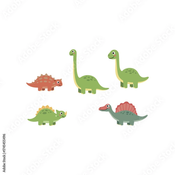 Fototapeta Collection of five adorable cartoon dinosaurs in various colors and species standing on a white background