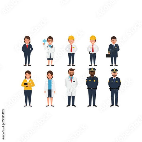 Fototapeta Diverse group of professional men and women in uniform or work attire representing various careers and occupations