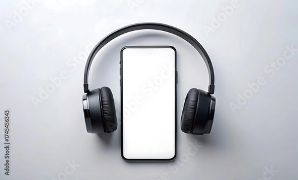 Fototapeta Modern black headphones resting around a blank white screen smartphone on a light gray background