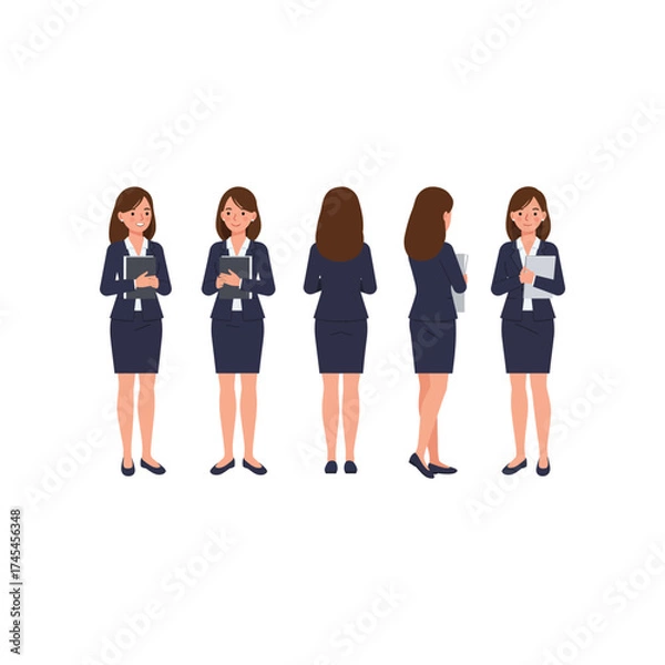 Fototapeta Professional businesswoman poses from front side back and three quarter views holding documents and folders