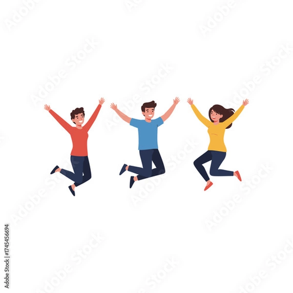 Fototapeta Three diverse young adults joyfully jumping in the air with arms raised in celebration and excitement on a white background