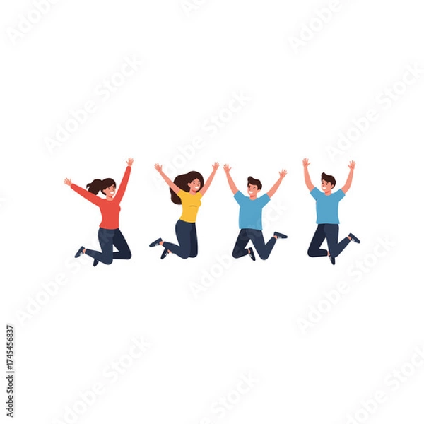 Fototapeta Four diverse young adults two women and two men joyfully jumping in the air with arms raised in celebration and excitement