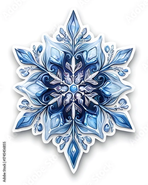 Fototapeta A sticker of a delicate snowflake with icy blue patterns in a playful whimsical style. Cool pastel tones, flat colors, clean outline, bold lines, and a white border create a soft winter and festive.