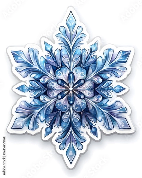 Fototapeta A sticker of a delicate snowflake with icy blue patterns in a playful whimsical style. Cool pastel tones, flat colors, clean outline, bold lines, and a white border create a soft winter and festive.