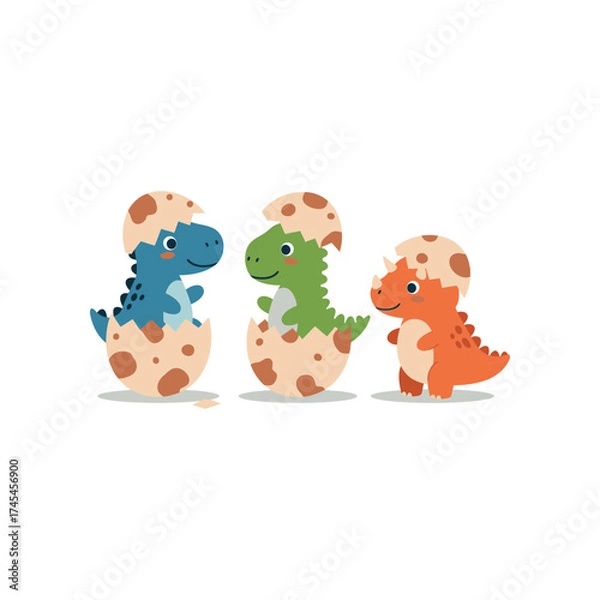 Fototapeta Three adorable cartoon baby dinosaurs hatching from speckled eggs with happy expressions on a white background
