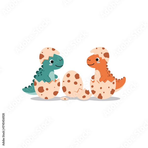 Fototapeta Adorable baby dinosaurs hatching from cracked eggs with happy expressions on a white background celebrating new life and prehistoric beginnings