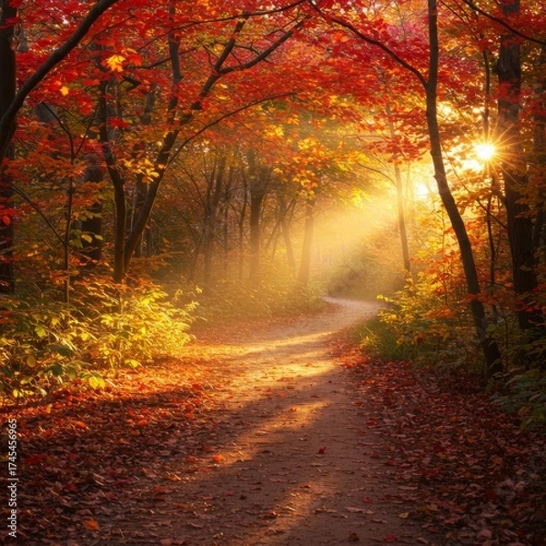 Obraz Sunlight Through Red Autumnal Forest with Winding Path and Fallen Leaves Landscape
