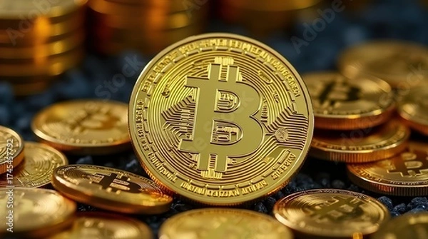 Fototapeta Golden bitcoin cryptocurrency coin surrounded by other coins