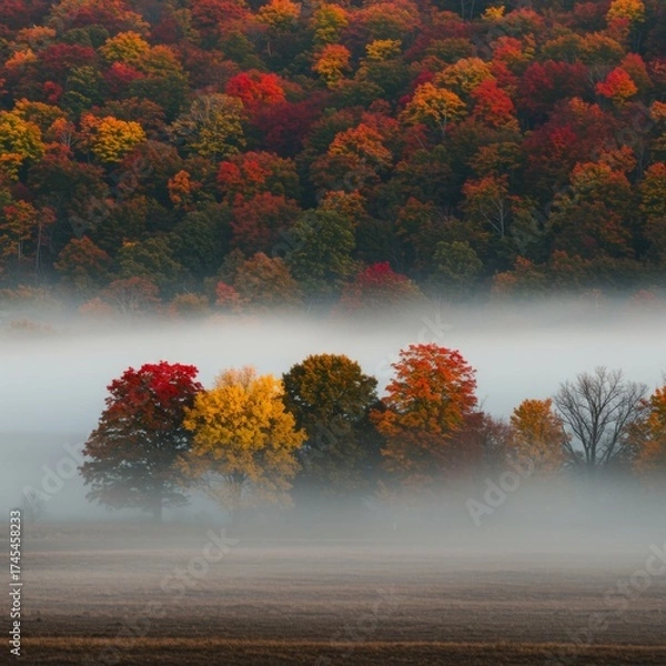 Fototapeta Autumn Trees in Colorful Foliage Emerging From Morning Mist Landscape