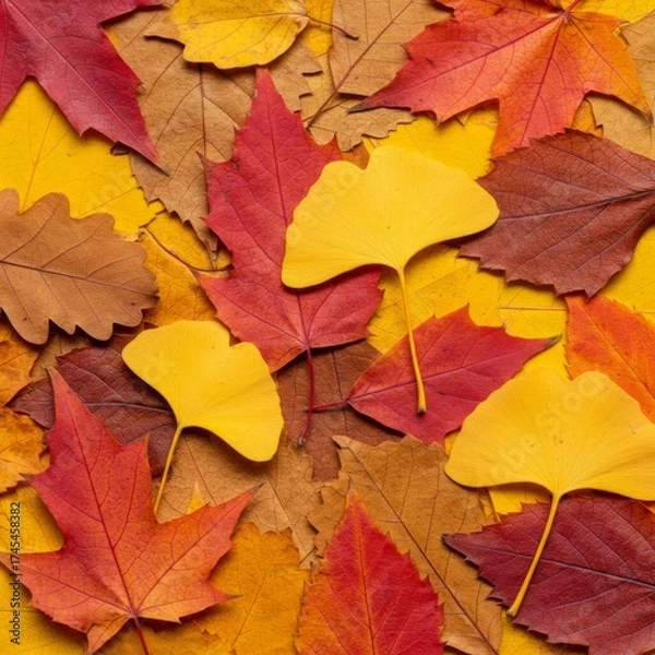 Fototapeta Colorful Autumn Leaves Composition on Yellow Background from Above