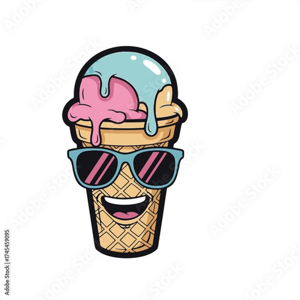 Fototapeta Cool Ice Cream Cone Cartoon Character with Sunglasses