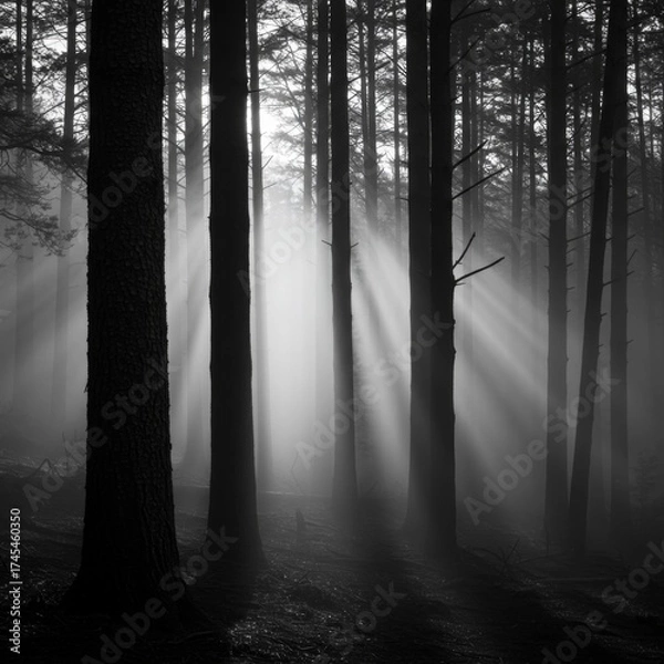 Fototapeta Monochrome Forest Scene with Sun Rays Breaking Through Trees in Foggy Woodland