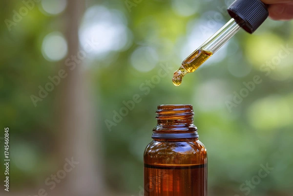 Fototapeta The brown glass bottle of essential oil is isolated with a dropper cap on a white background for health and pharmacy use
