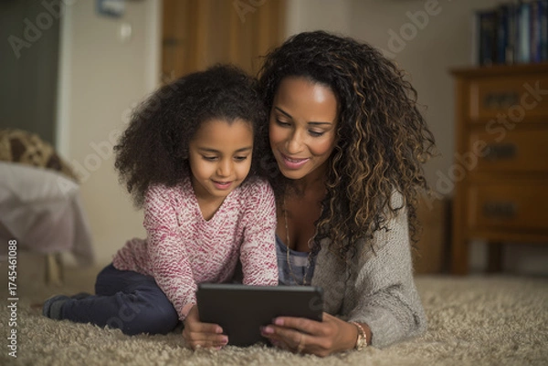 Fototapeta Two people, mother and daughter, are smiling and sitting on the sofa at home, looking at a digital tablet for communication and education