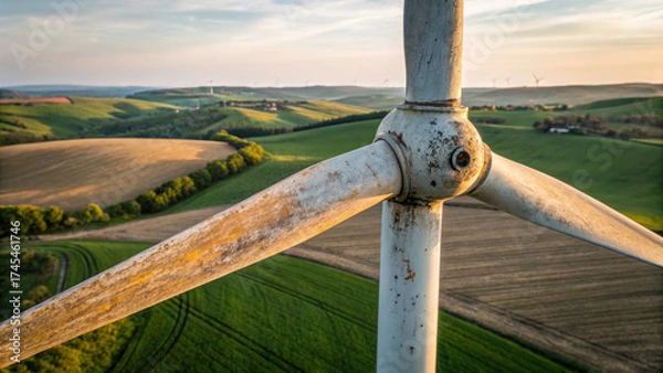 Obraz Renewable energy wind off grid rural landscape with closeup of turbine blade overlooking green fields and rolling hills