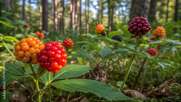Obraz Biodiversity conservation habitat climate action vibrant wild berries temperate forest with lush green understory and dappled