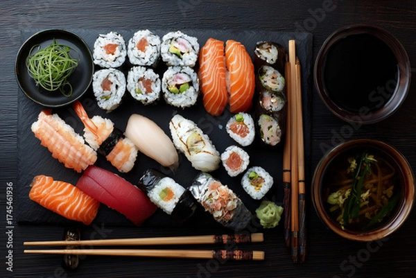 Fototapeta Fresh Japanese sushi rolls with chopsticks on a white plate