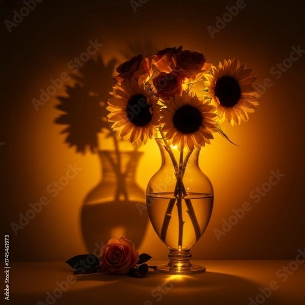 Fototapeta Sunflowers and Roses Arrangement in a Glass Vase Against Warm Yellow Light
