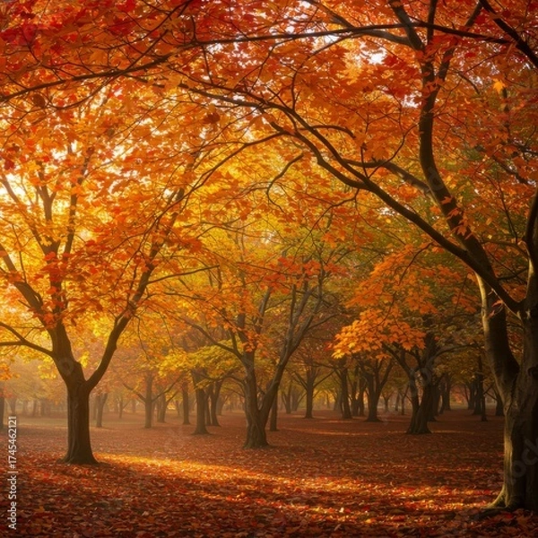 Fototapeta Vibrant Autumnal Forest with Golden Foliage and Sunlit Canopy in Warm Light