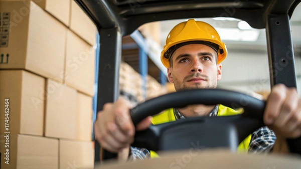Obraz Worker operating forklift cardboard boxes worker wearing hardhat and safety vest focused while moving stacked boxes warehouse