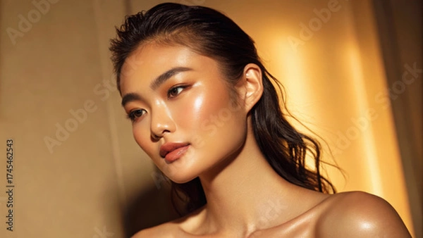 Obraz Skincare cosmetics flawless skin glowing model radiant complexion natural makeup soft light