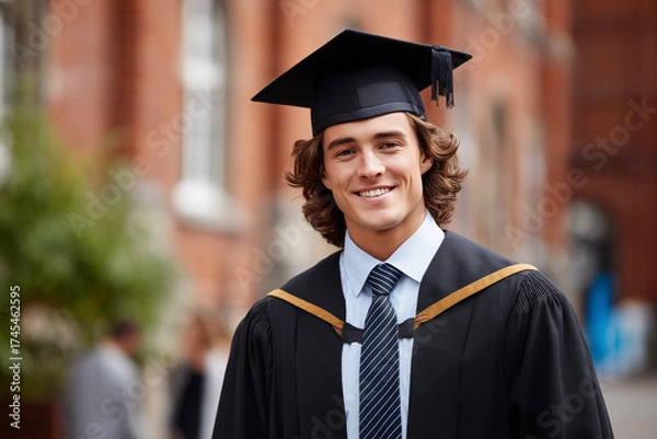 Fototapeta Smiling male university graduate in a gown and cap with a diploma, celebrating his achievement