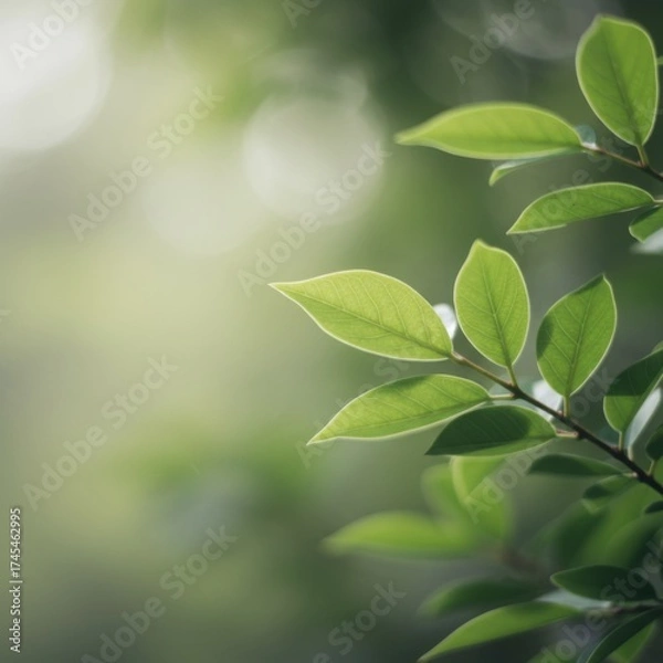 Obraz Lush Green Leaves on Branch with Bokeh Background in Natural Light Setting Photo