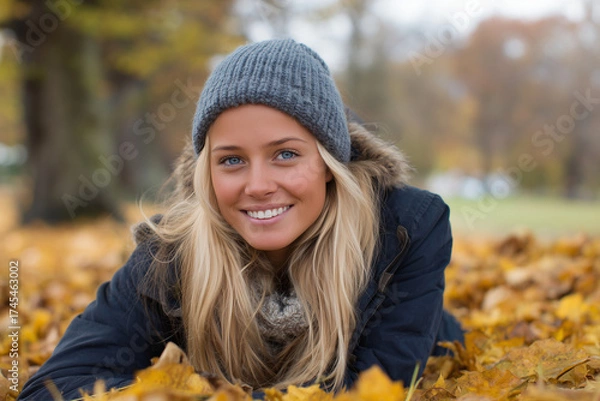 Fototapeta A happy young woman with a fashion cap smiles among the beautiful yellow leaves in the autumn forest park