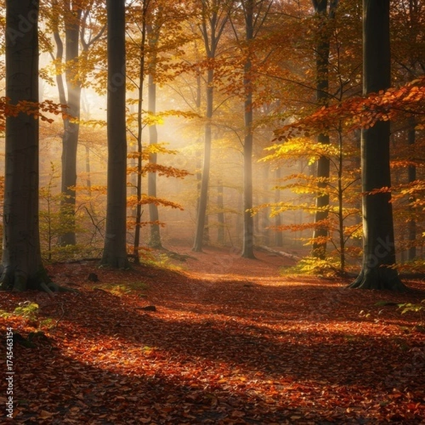 Fototapeta Autumn Forest Path with Golden Sunlight Streaming through Bare Trees and Orange Leaves