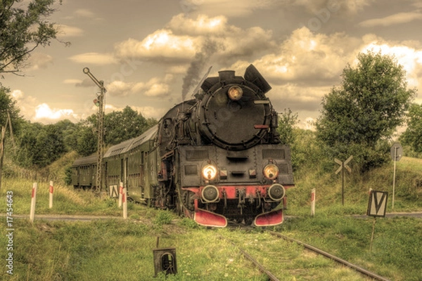 Obraz Old retro steam train passing through polish countryside