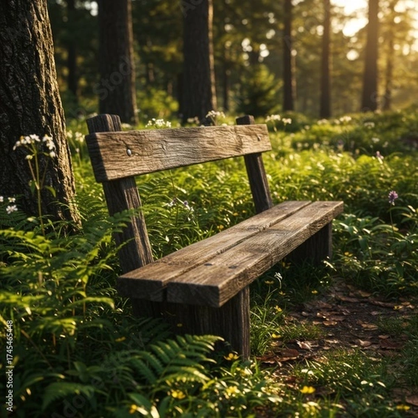 Fototapeta Wooden Bench among Wildflowers in a Verdant Forest with Sunlit Glade and Lush Green Undergrowth