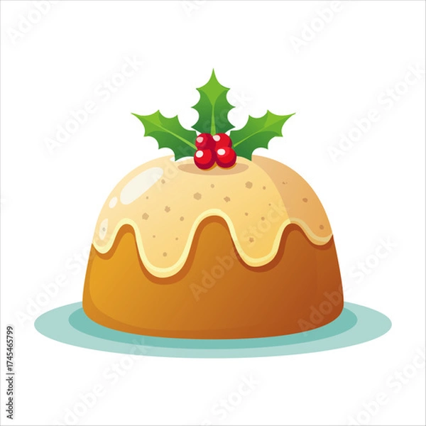 Fototapeta Christmas Pudding Cake with White Frosting and Holly Berry Decoration for Holiday Greeting