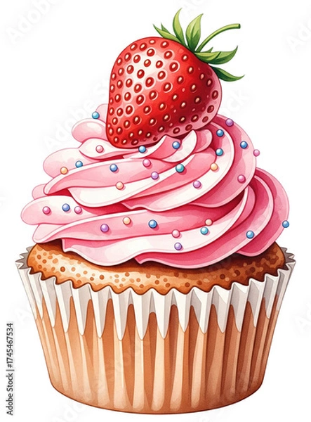 Obraz 3d illustration of watercolor cupcake with pink frosting and strawberry isolated on transparent background for sweet dessert concept