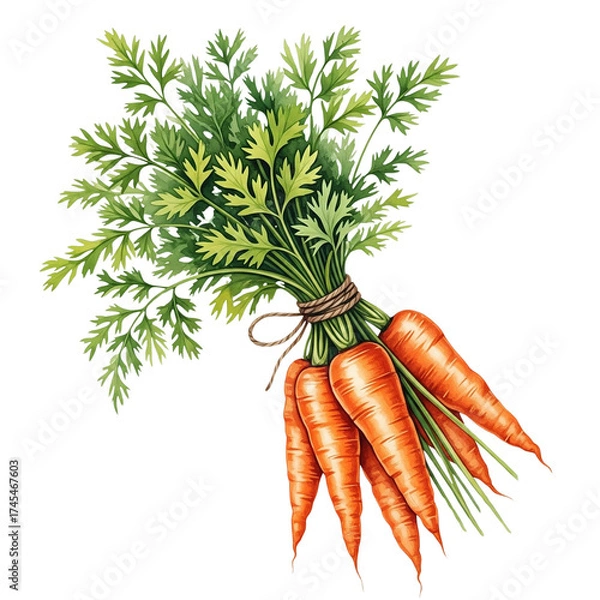 Obraz 3d illustration of watercolor painting of bunch of fresh carrots with green leaves isolated on transparent background, healthy food